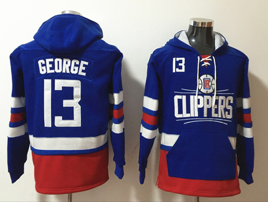 Men's Los Angeles Clippers #13 Paul George Blue Lace-Up Pullover Hoodie Men's Los Angeles Clippers #13 Paul George Blue Lace-Up Pullover Hoodie